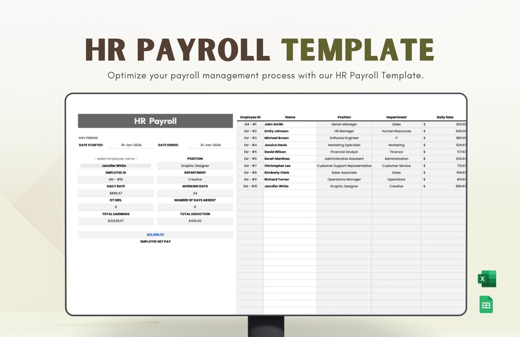 HR Payroll Template in Excel, Google Sheets