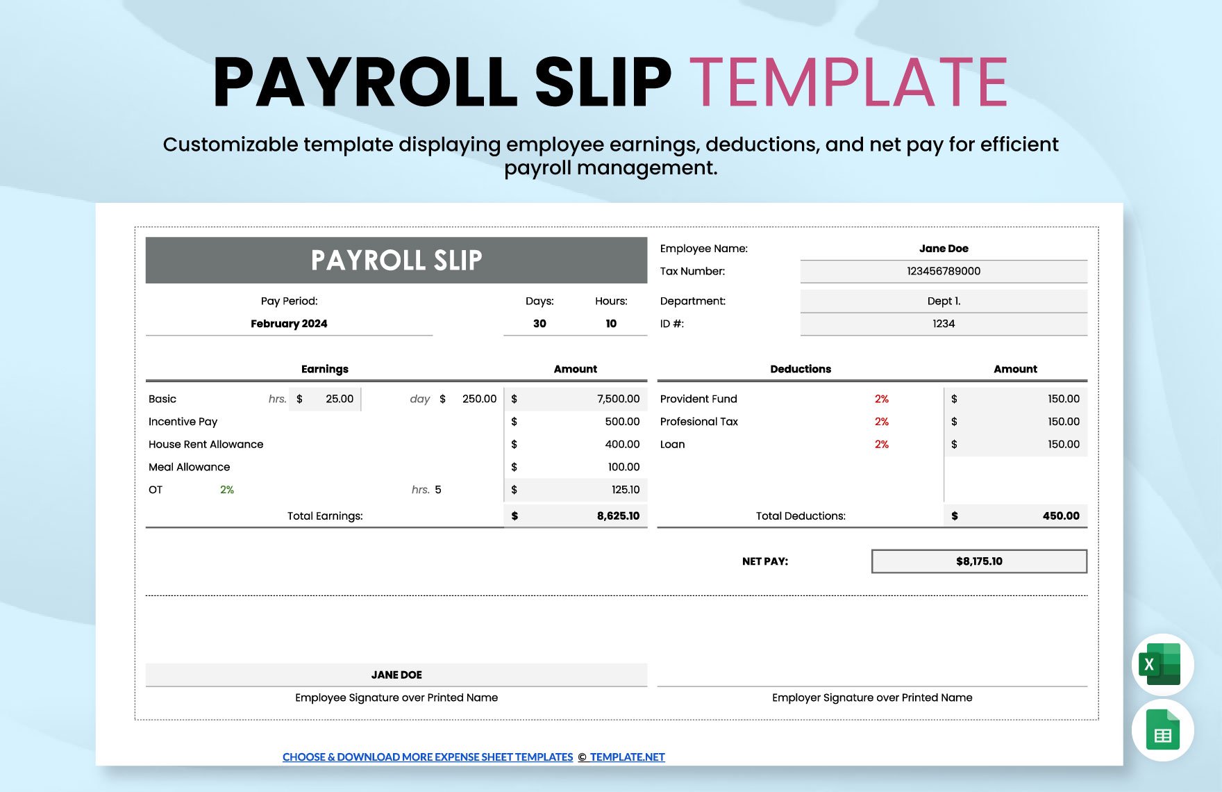 Payroll Slip Template in Excel, Google Sheets