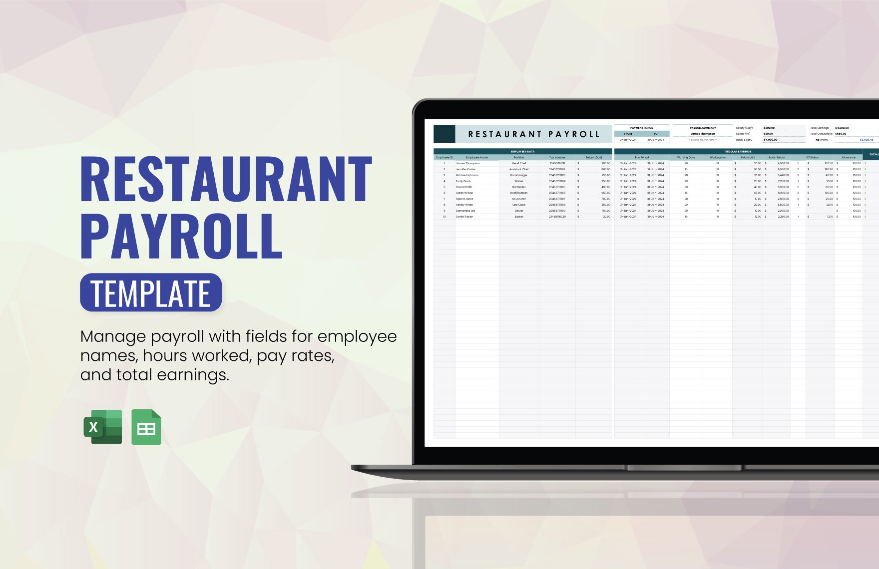 Restaurant Payroll Template in Excel, Google Sheets