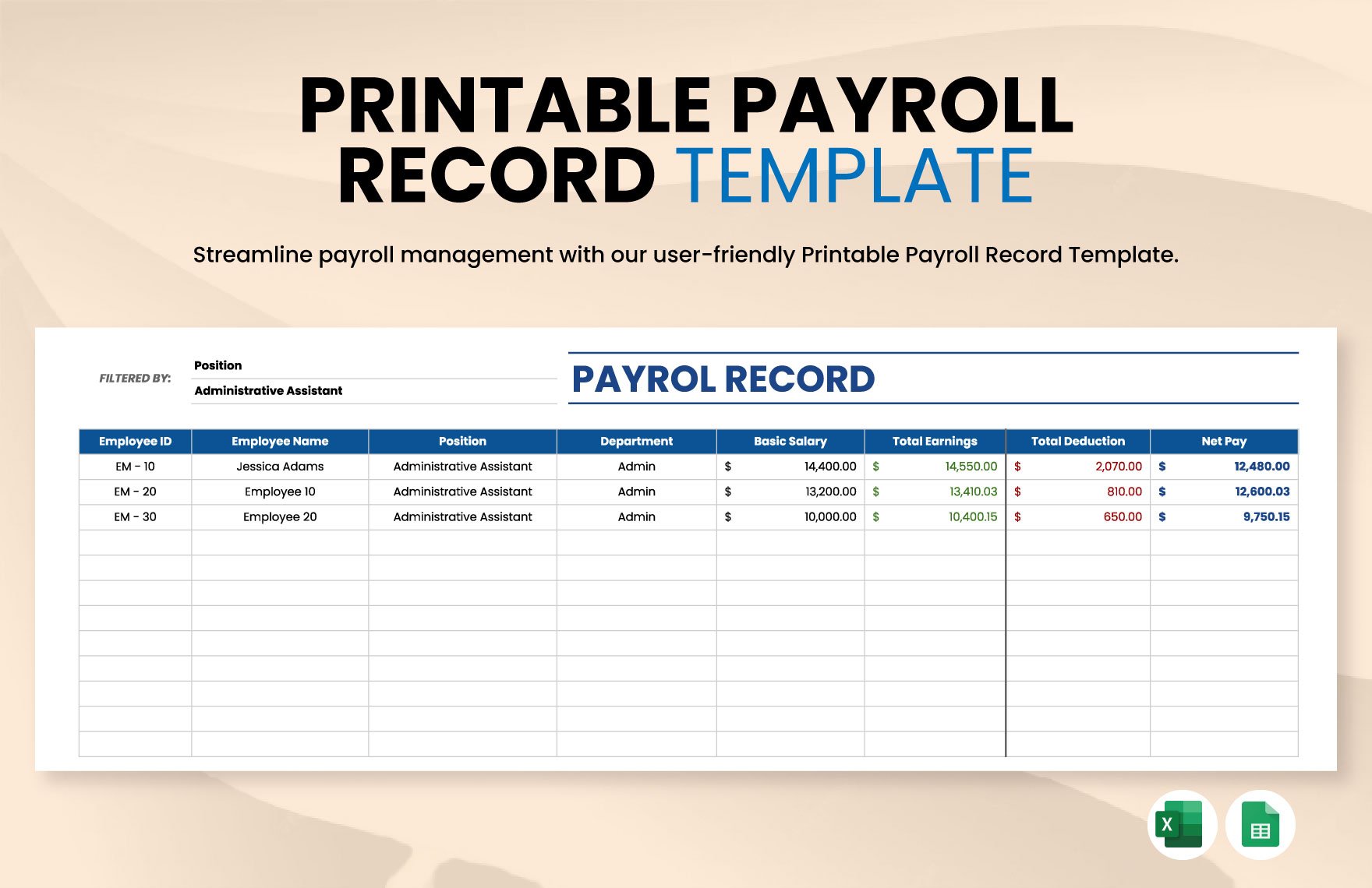 Printable Payroll Record Template in Excel, Google Sheets