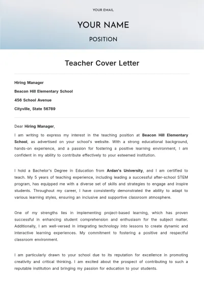 Free Teacher Cover Letter Example Template to Edit Online
