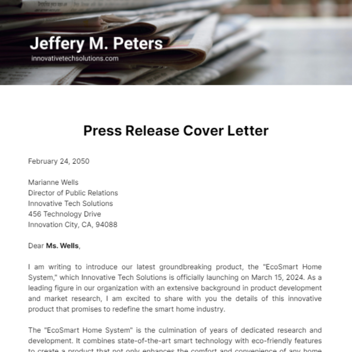 Press Release Cover Letter Template
