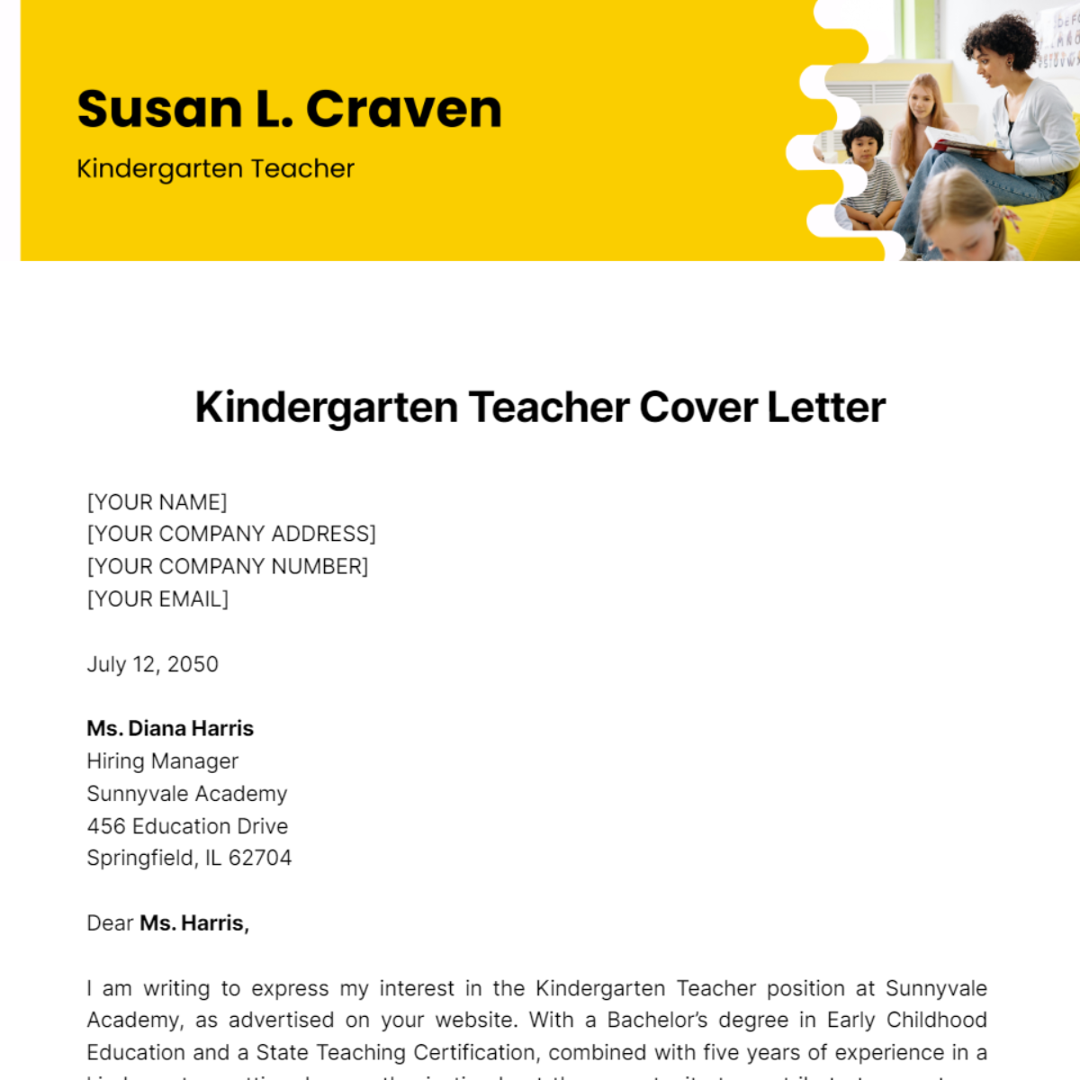 Kindergarten Teacher Cover Letter Template
