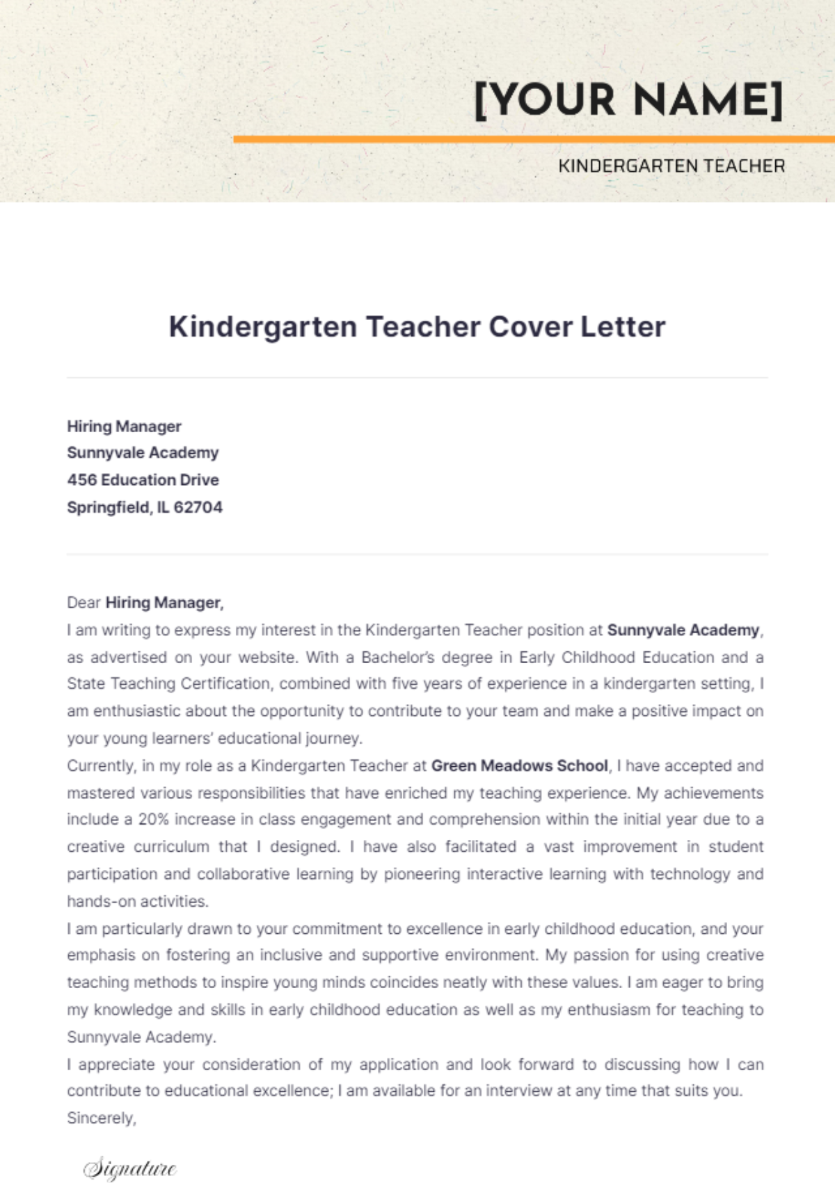 Kindergarten Teacher Cover Letter - Edit Online & Download