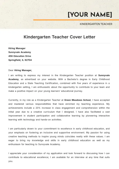 Free Kindergarten Teacher Cover Letter to Edit Online