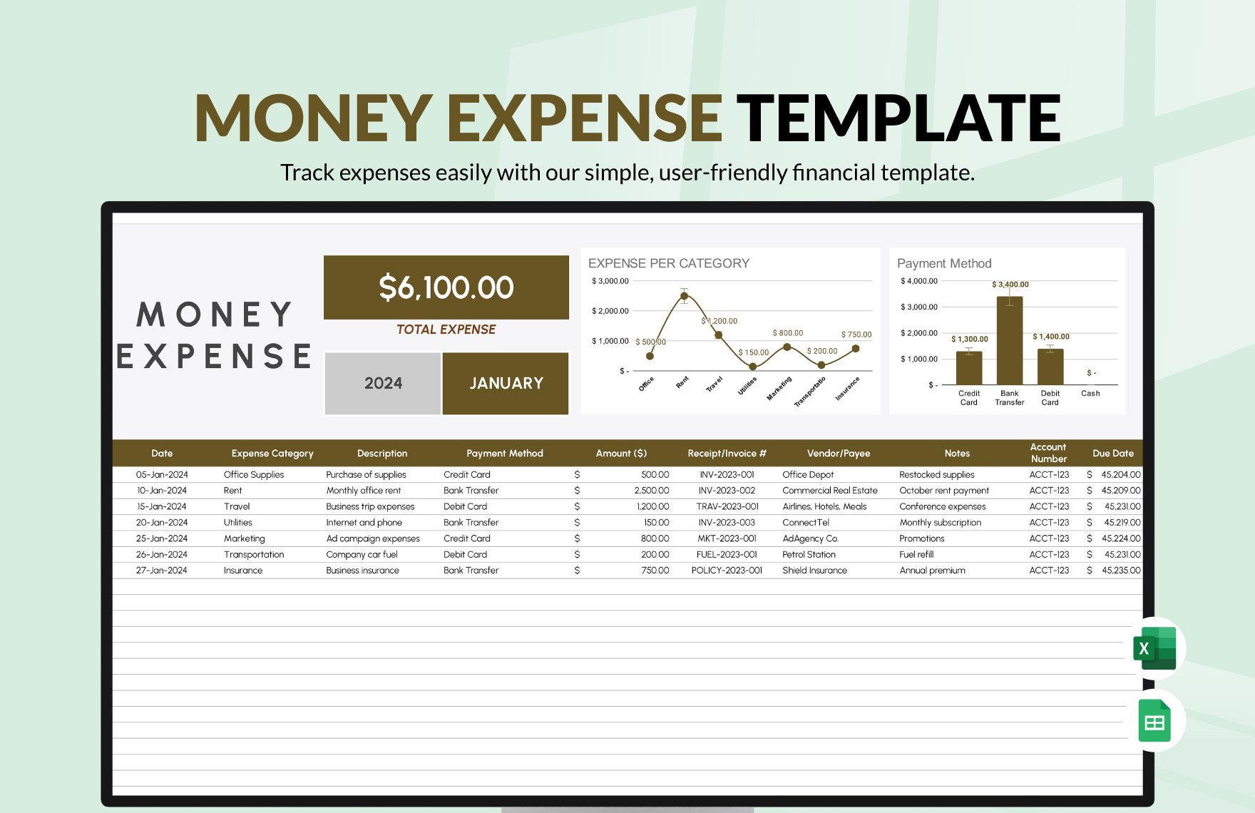 Money Expense Template in Excel, Google Sheets