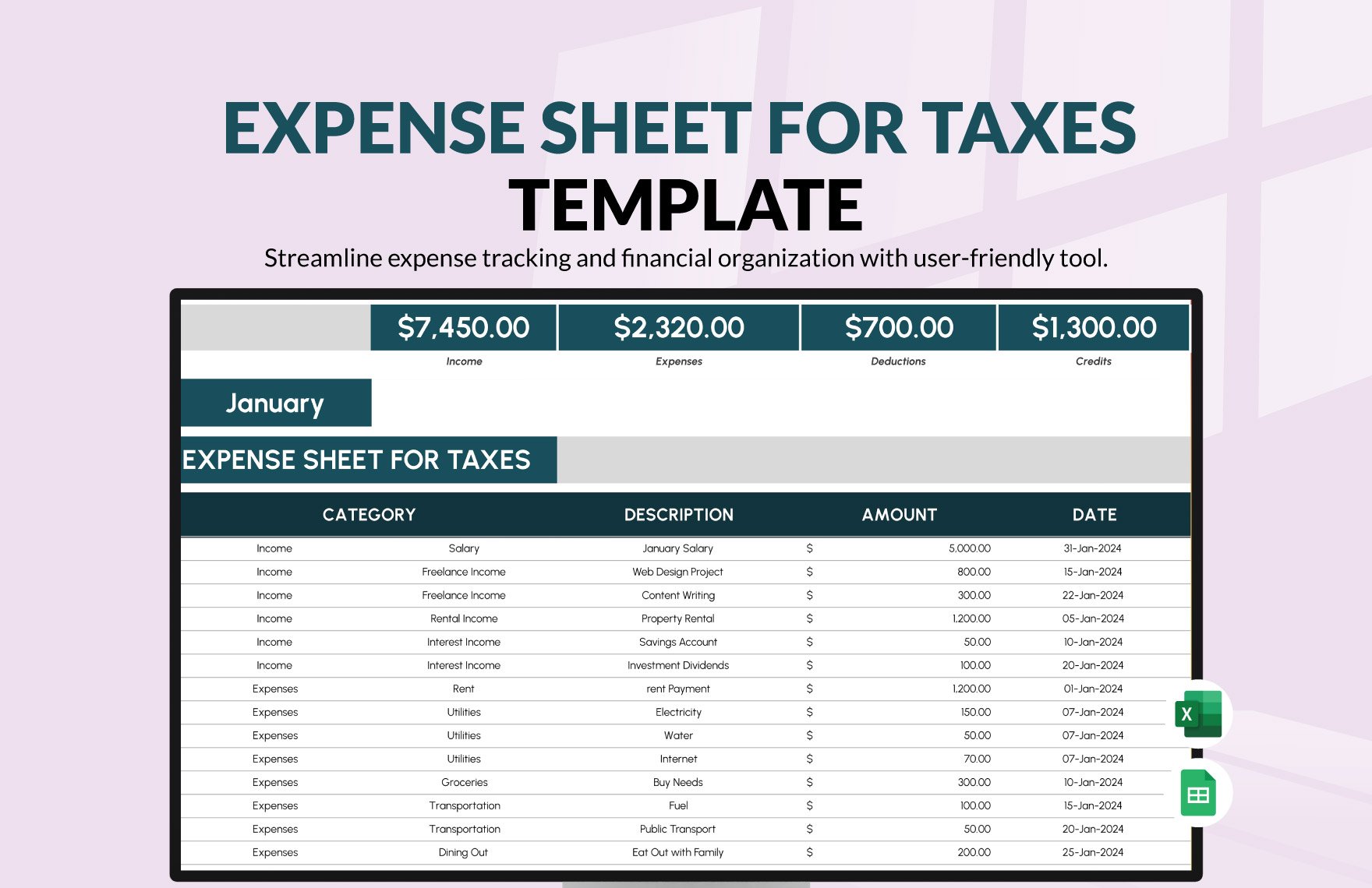 Expense Sheet for Taxes Template in Excel, Google Sheets