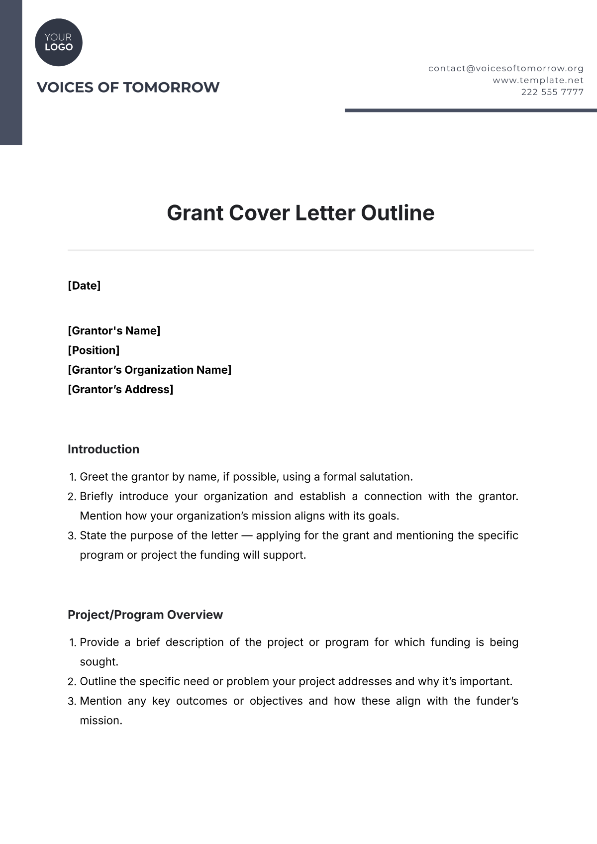 Grant Cover Letter Outline Template - Edit Online & Download