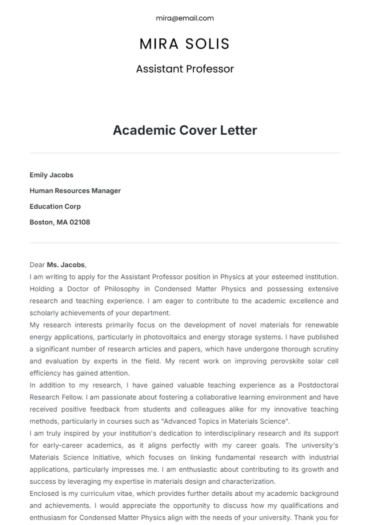 Academic Cover Letter - Edit Online & Download