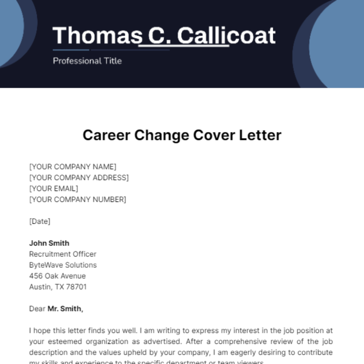 Free Career Change Cover Letter Template
