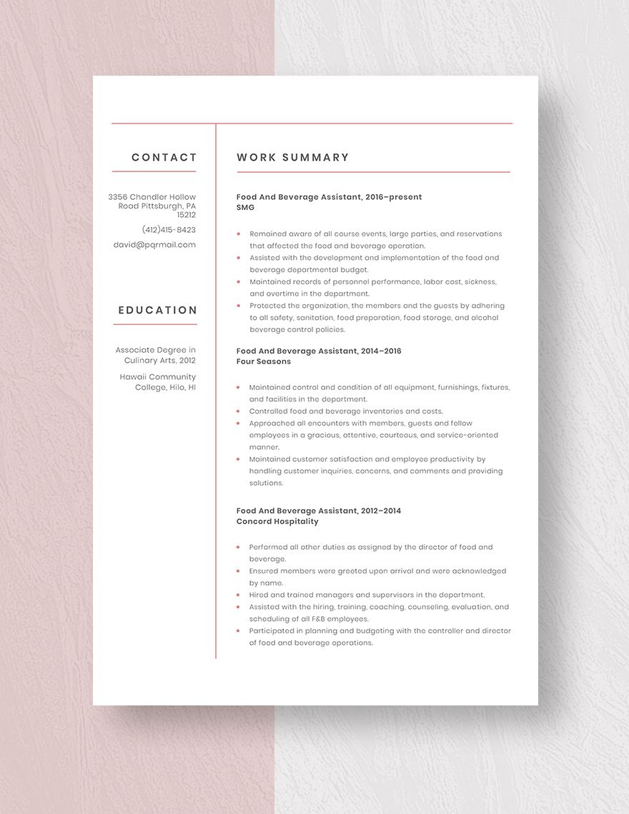 Food And Beverage Assistant Resume