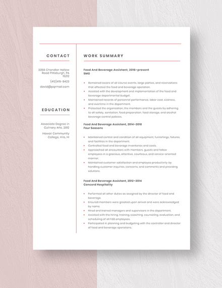 Food And Beverage Assistant Resume Template