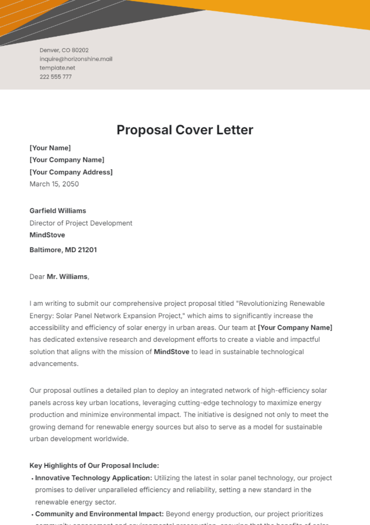 Proposal Cover Letter Template - Edit Online & Download