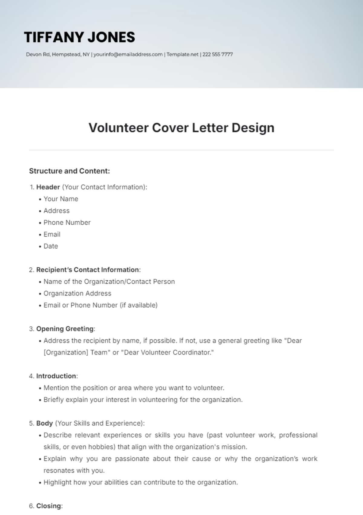 Volunteer Cover Letter Design Template - Edit Online & Download