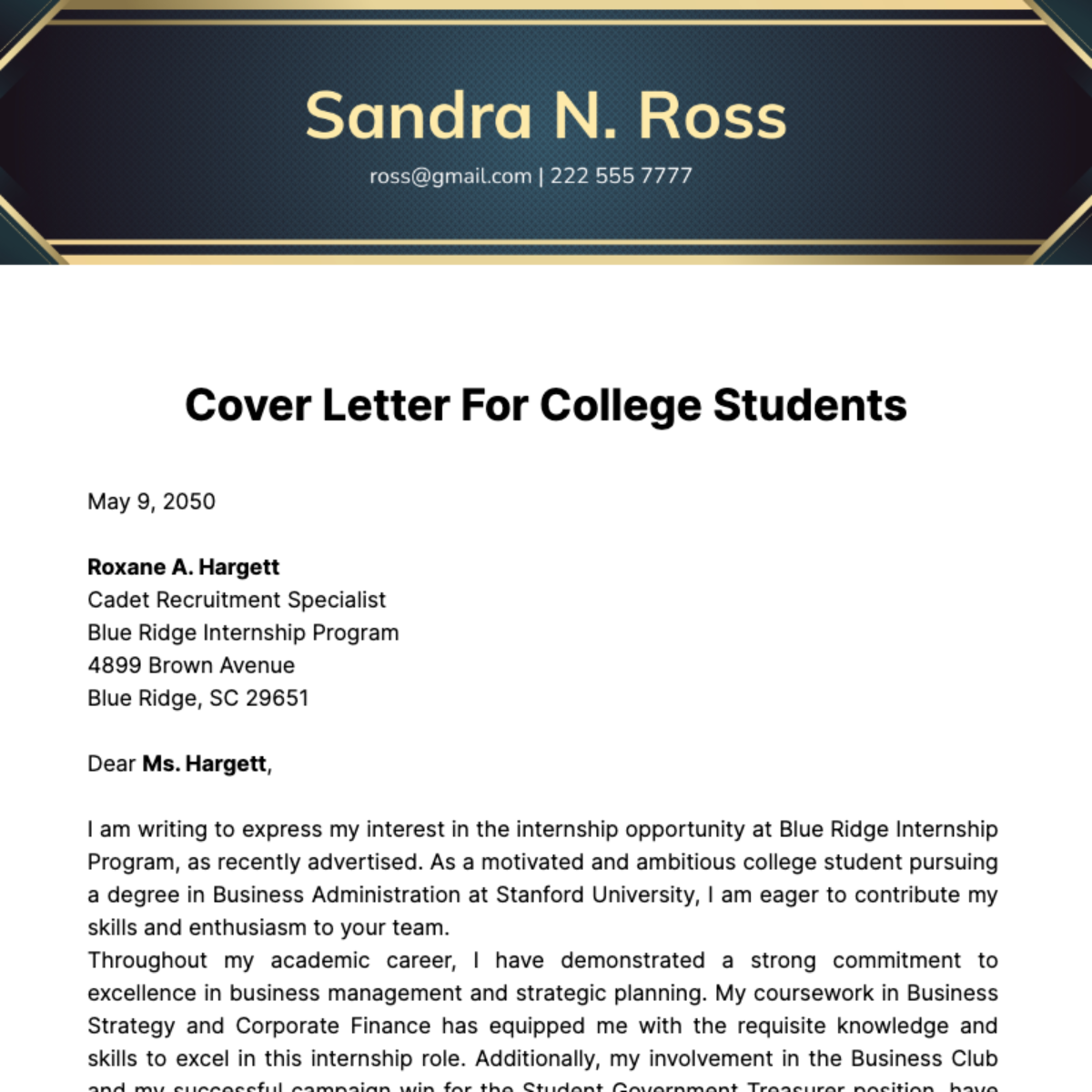 Cover Letter For College Students Template