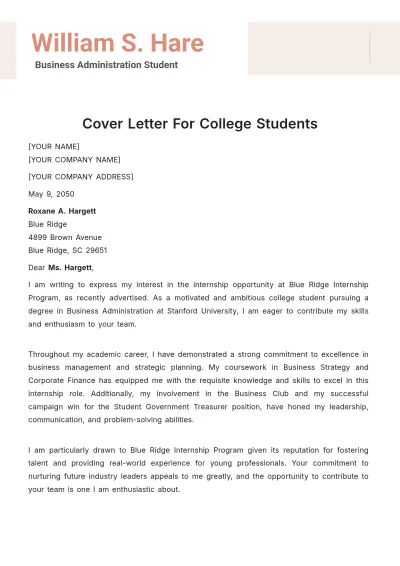 Free Cover Letter For College Students Template to Edit Online
