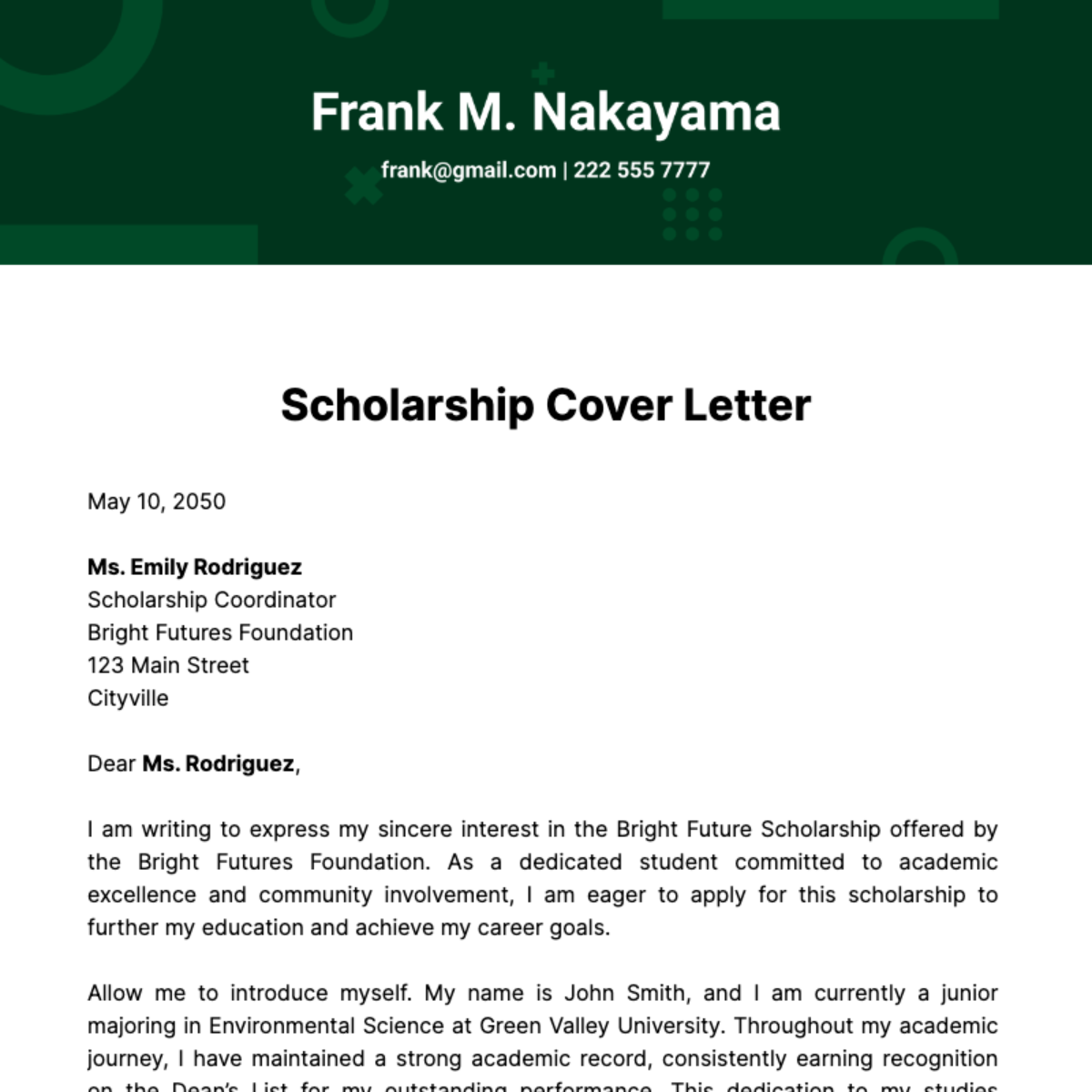 Scholarship Cover Letter Template