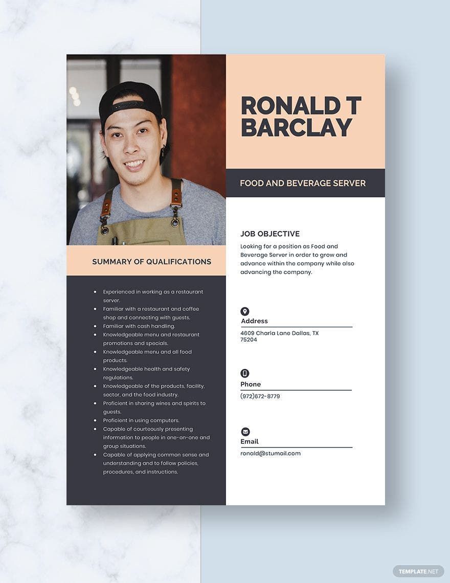 Food And Beverage Server Resume In Pages Word Download Template