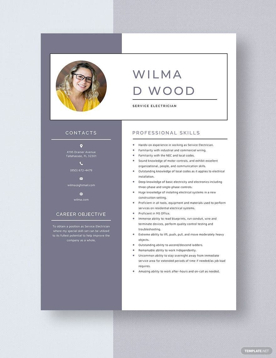 Free Service Electrician Resume in Word, Apple Pages