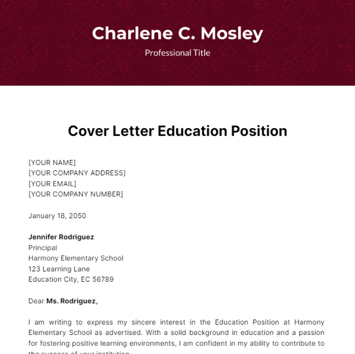 Cover Letter Education Position Template