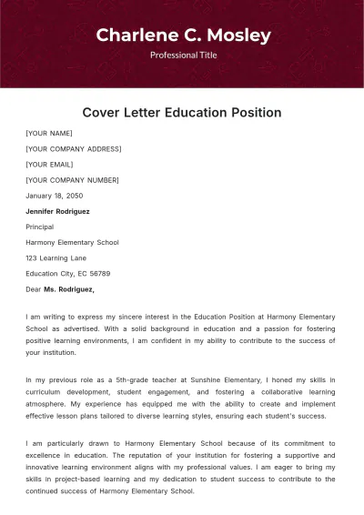 Free Cover Letter Education Position Template to Edit Online