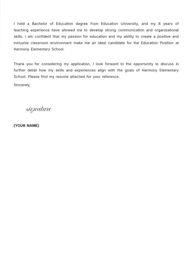 Free Cover Letter Education Position Template to Edit Online