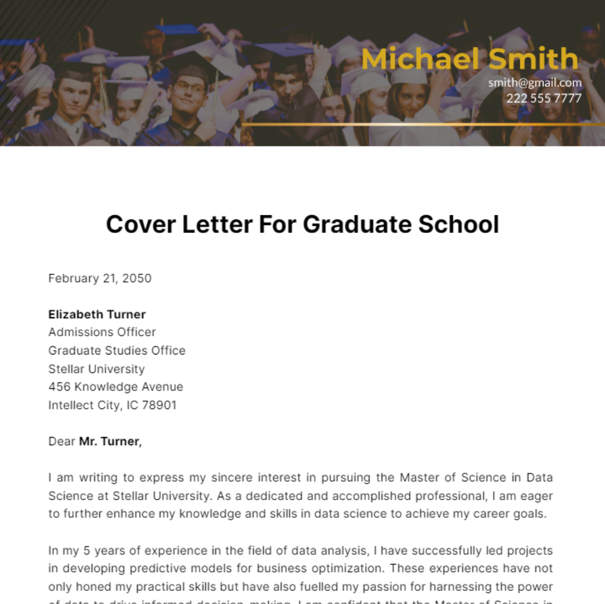 Cover Letter For Graduate School Template