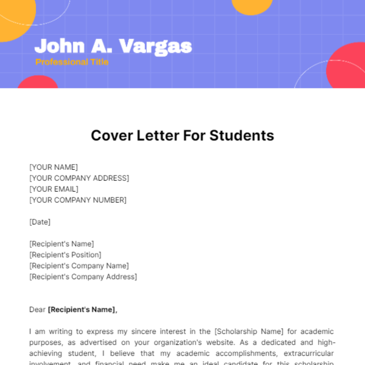 Cover Letter For Students Template