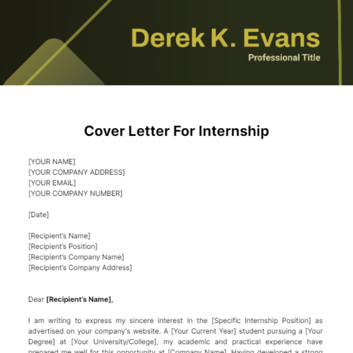 Cover Letter For Internship Template