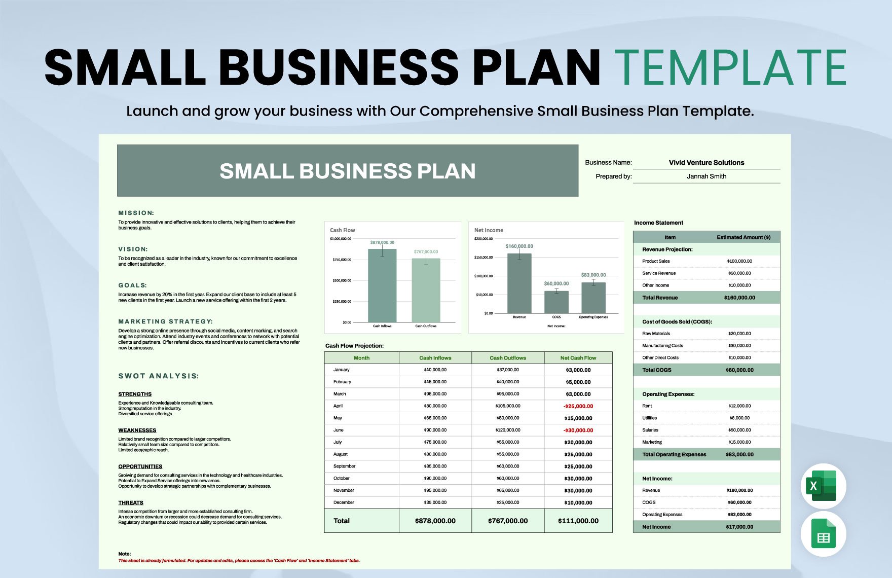 Small Business Plan Template in Excel, Google Sheets