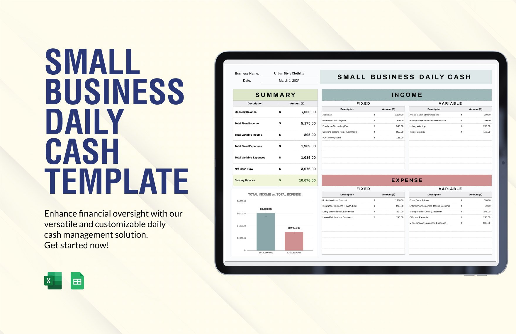 Small Business Daily Cash Template in Excel, Google Sheets