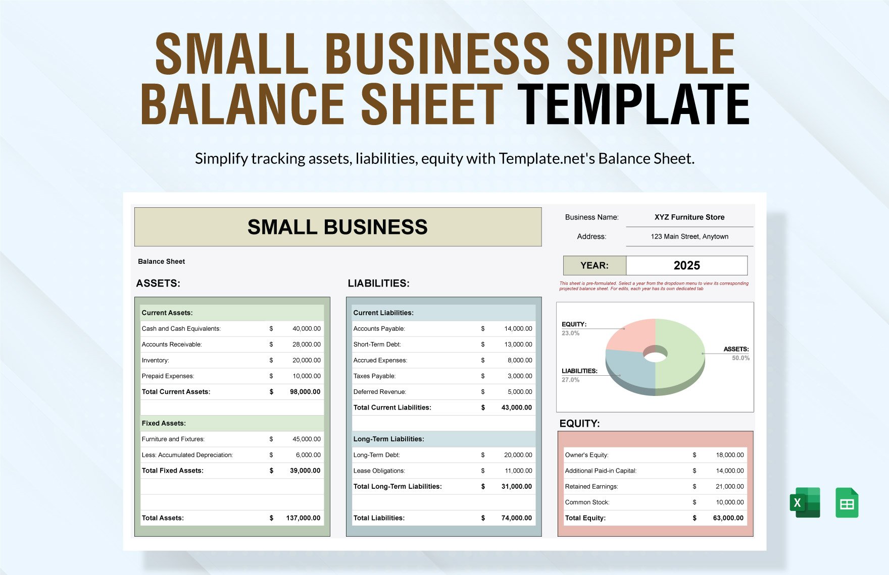 Small Business Simple Balance Sheet Template in Excel, Google Sheets