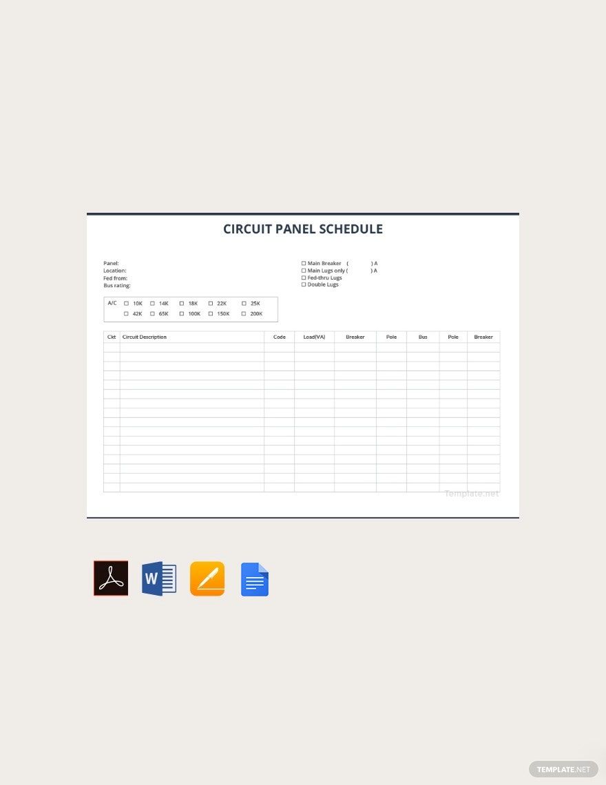 Circuit Panel Schedule Template in Word, Google Docs, PDF, Apple Pages