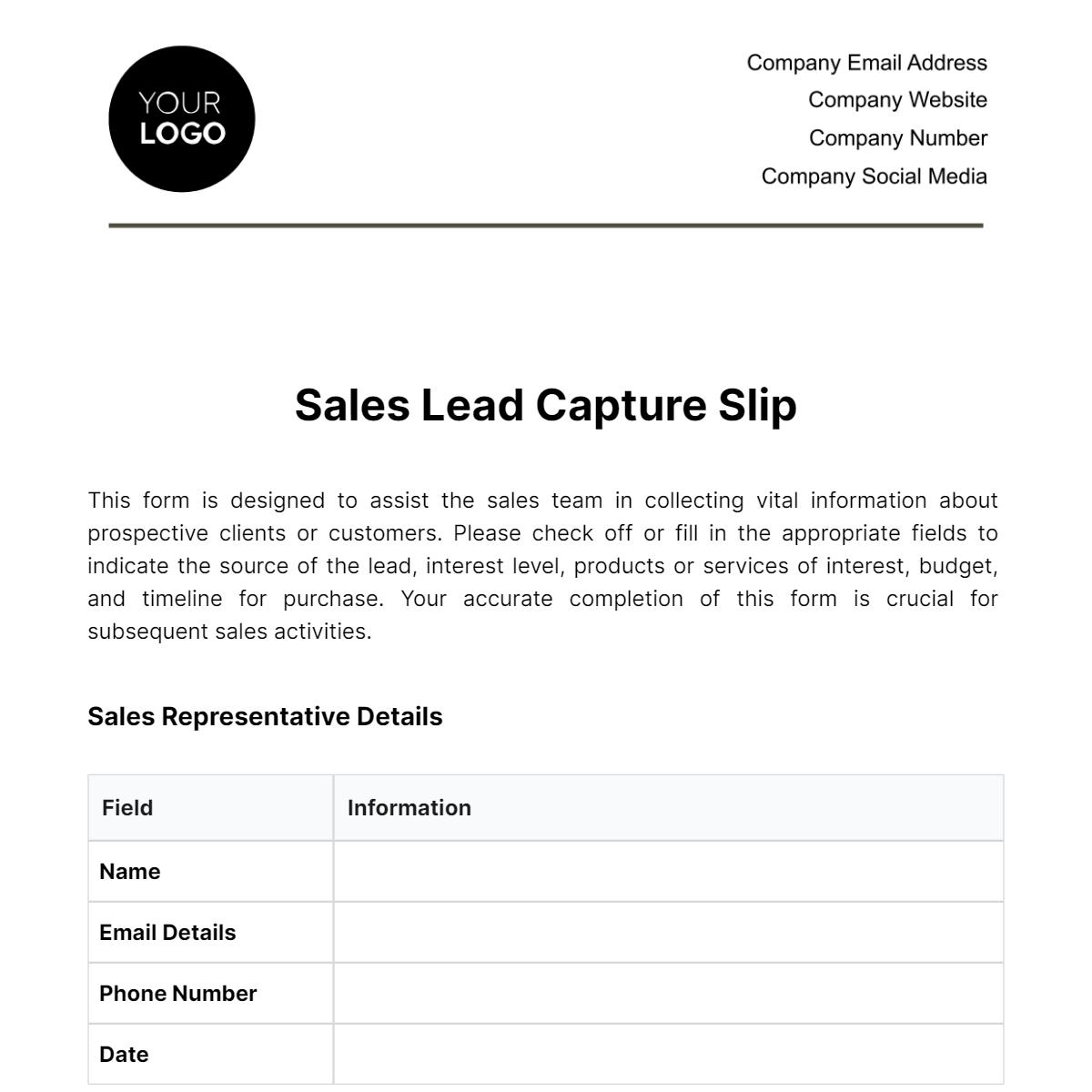 Sales Lead Capture Slip Template