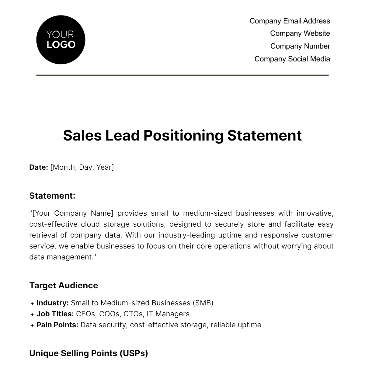 Free Sales Lead Positioning Statement Template