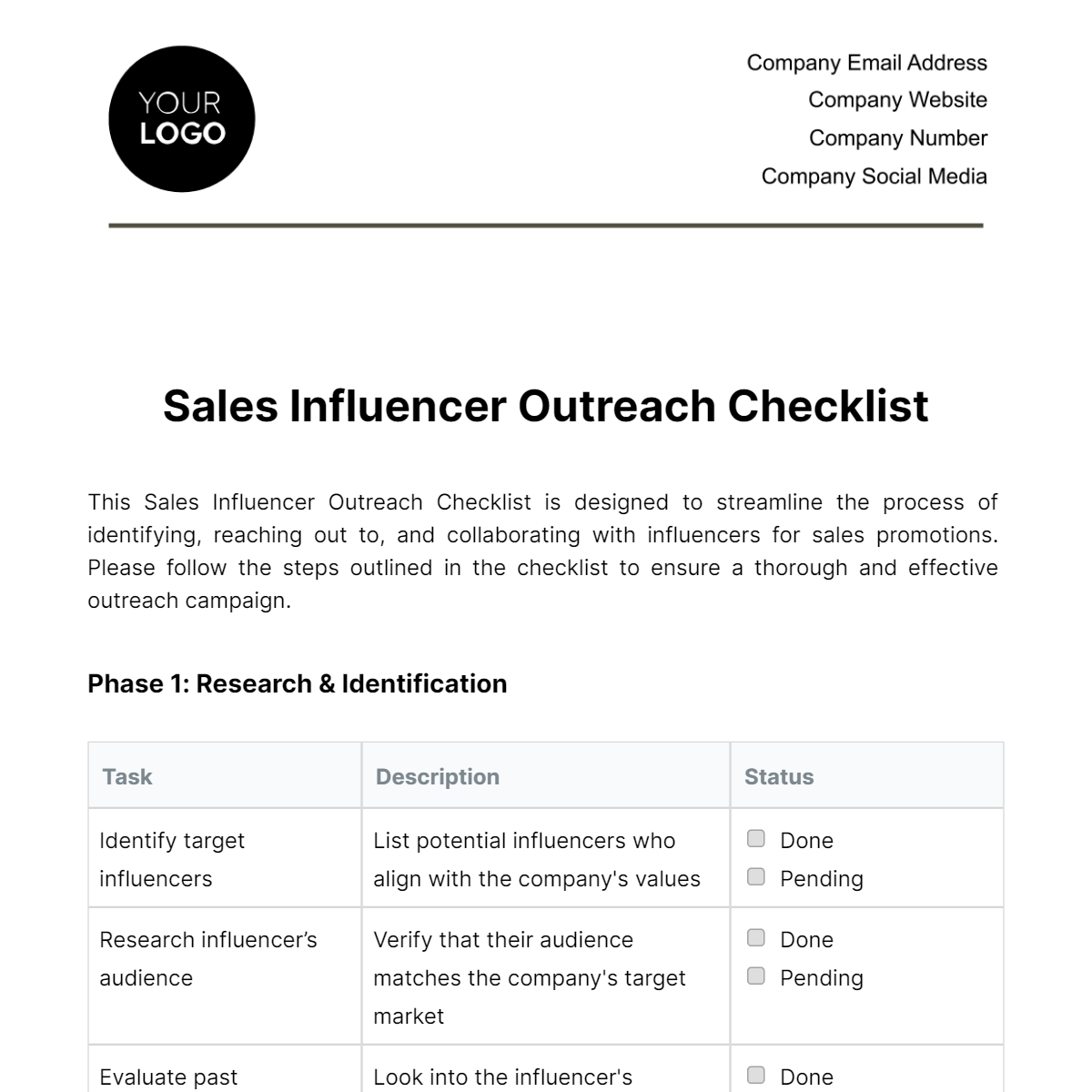 Free Sales Influencer Outreach Checklist Template