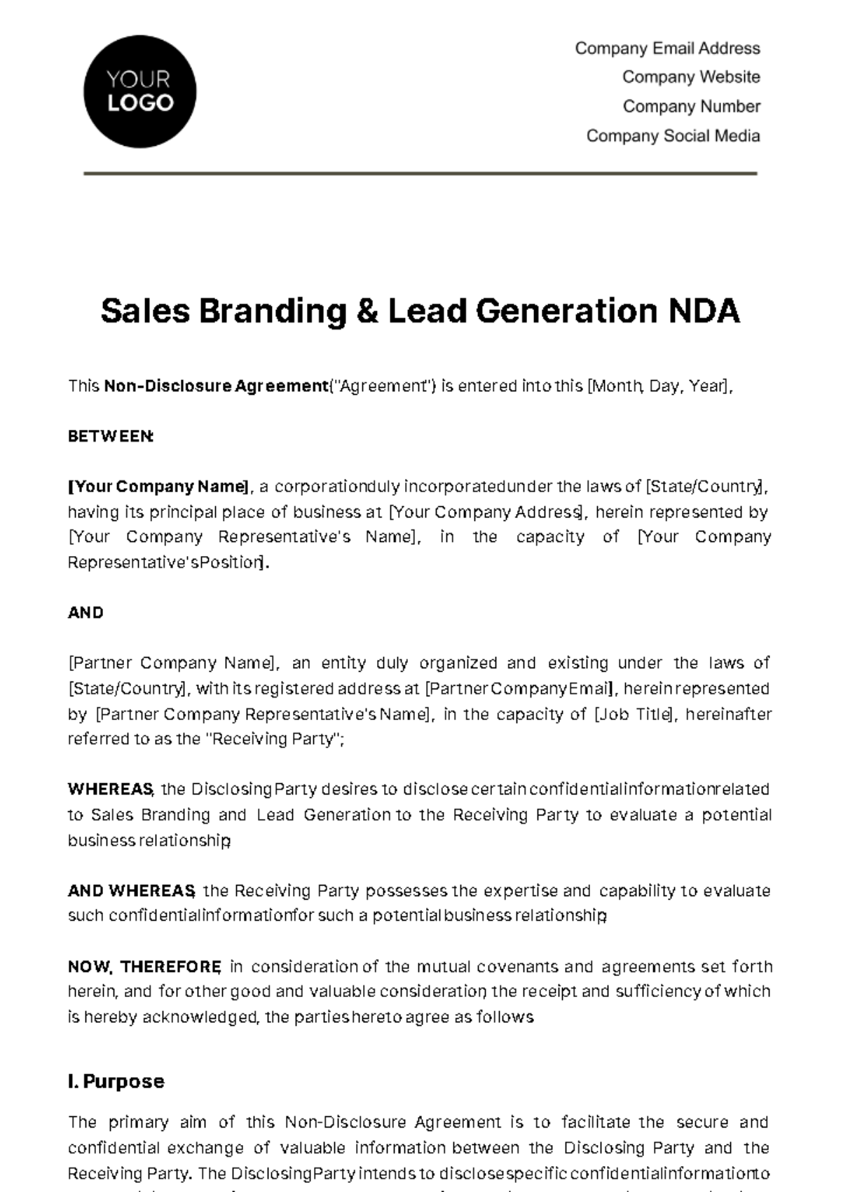 Free Sales Branding & Lead Generation NDA Template