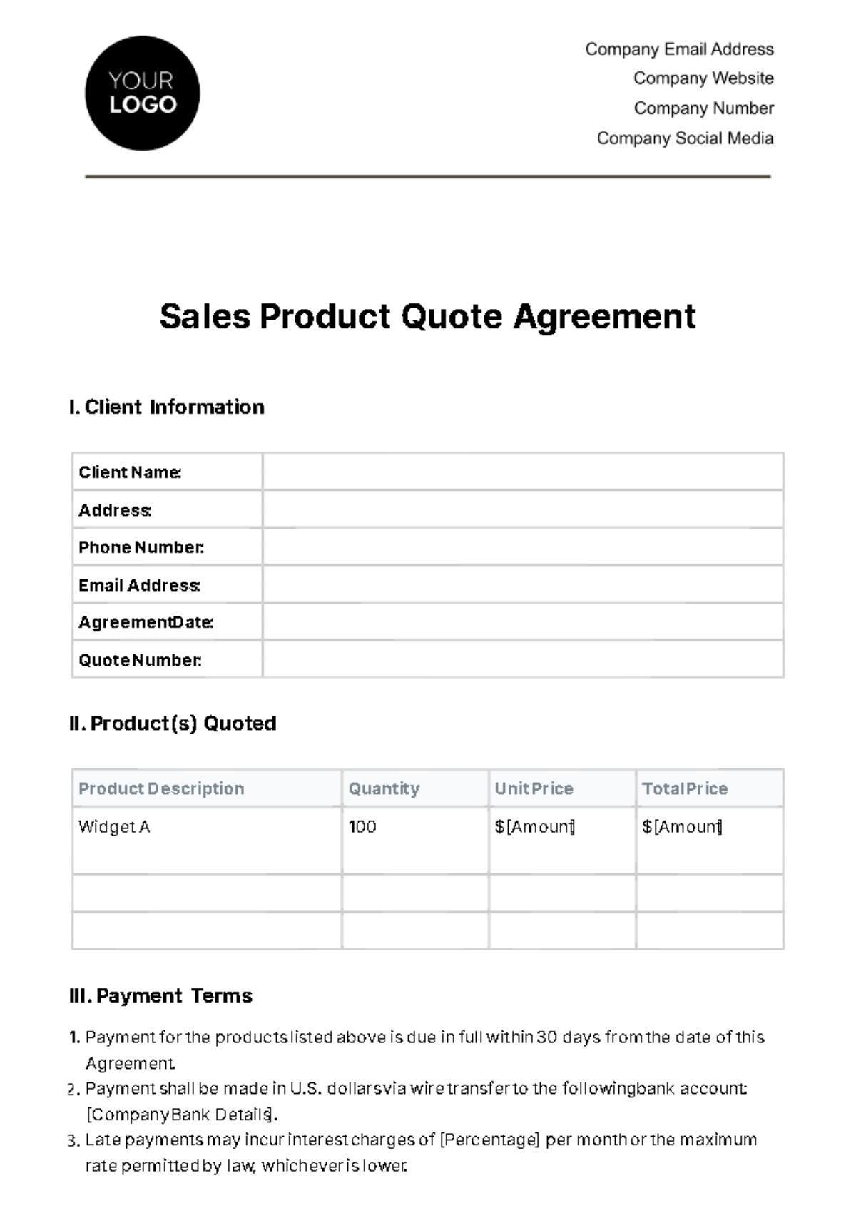 Free Sales Product Quote Agreement Template