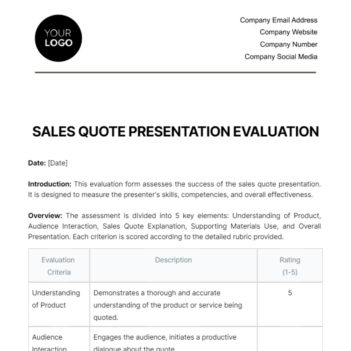 Sales Quote Presentation Evaluation Template