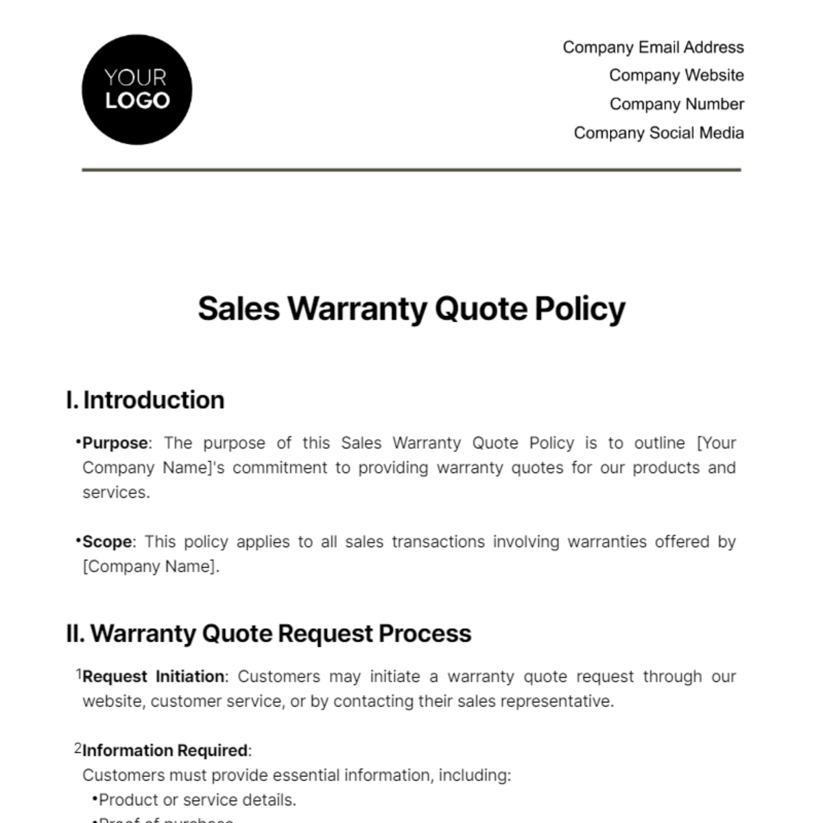 Free Sales Warranty Quote Policy Template