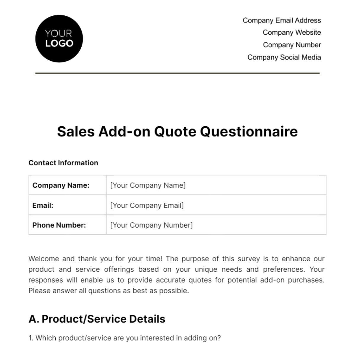 Free Sales Add-on Quote Questionnaire Template