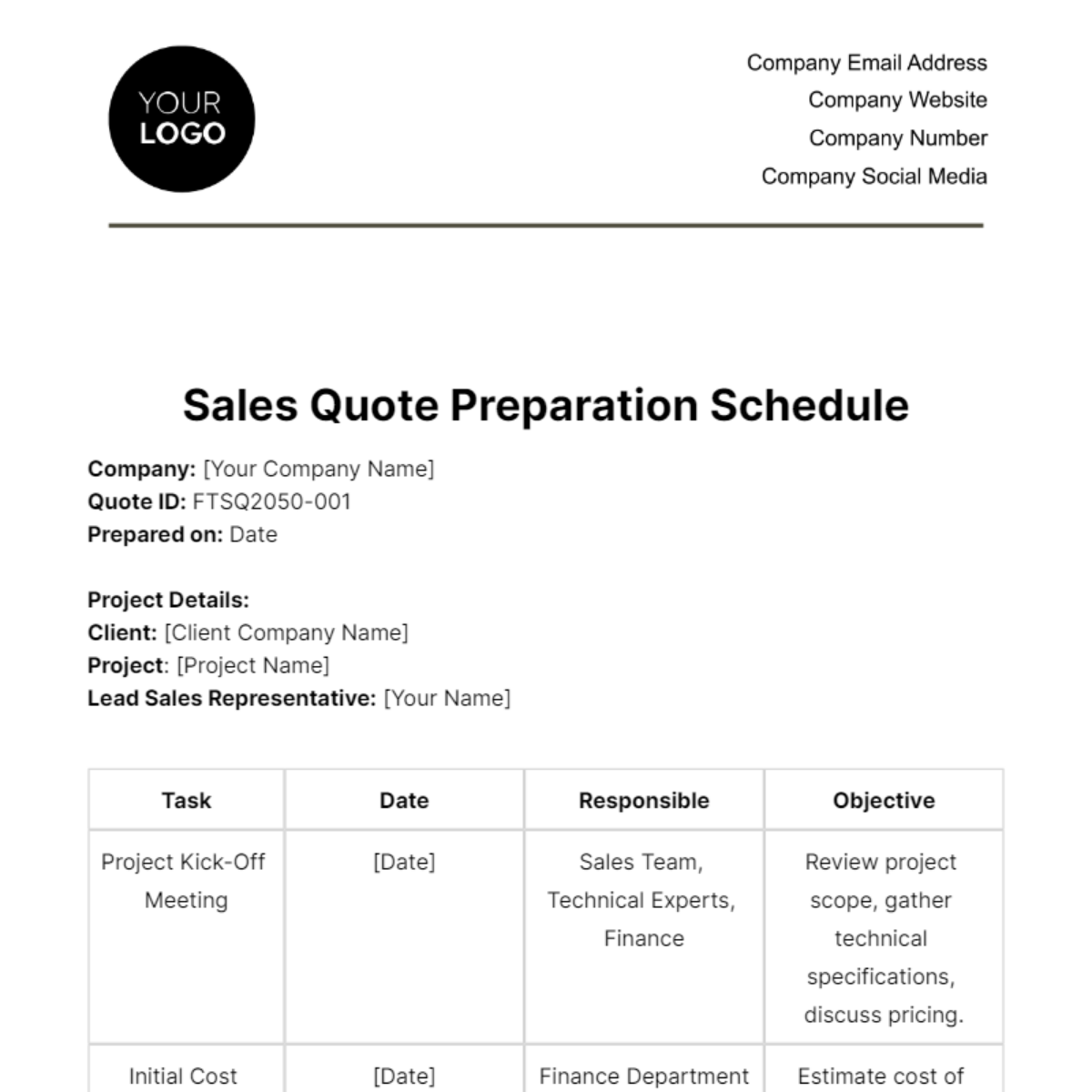 Sales Quote Preparation Schedule Template