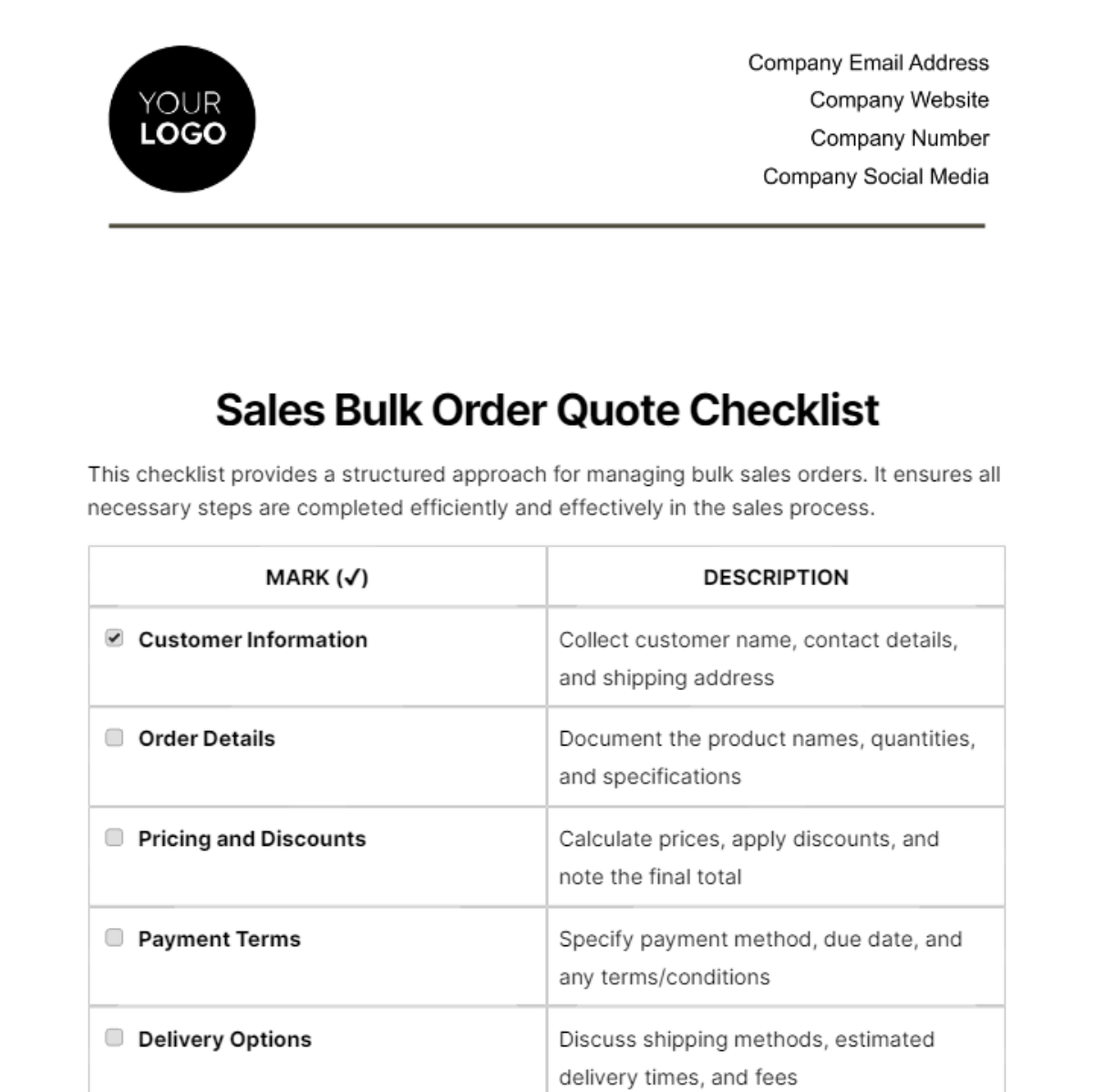 Sales Bulk Order Quote Checklist Template