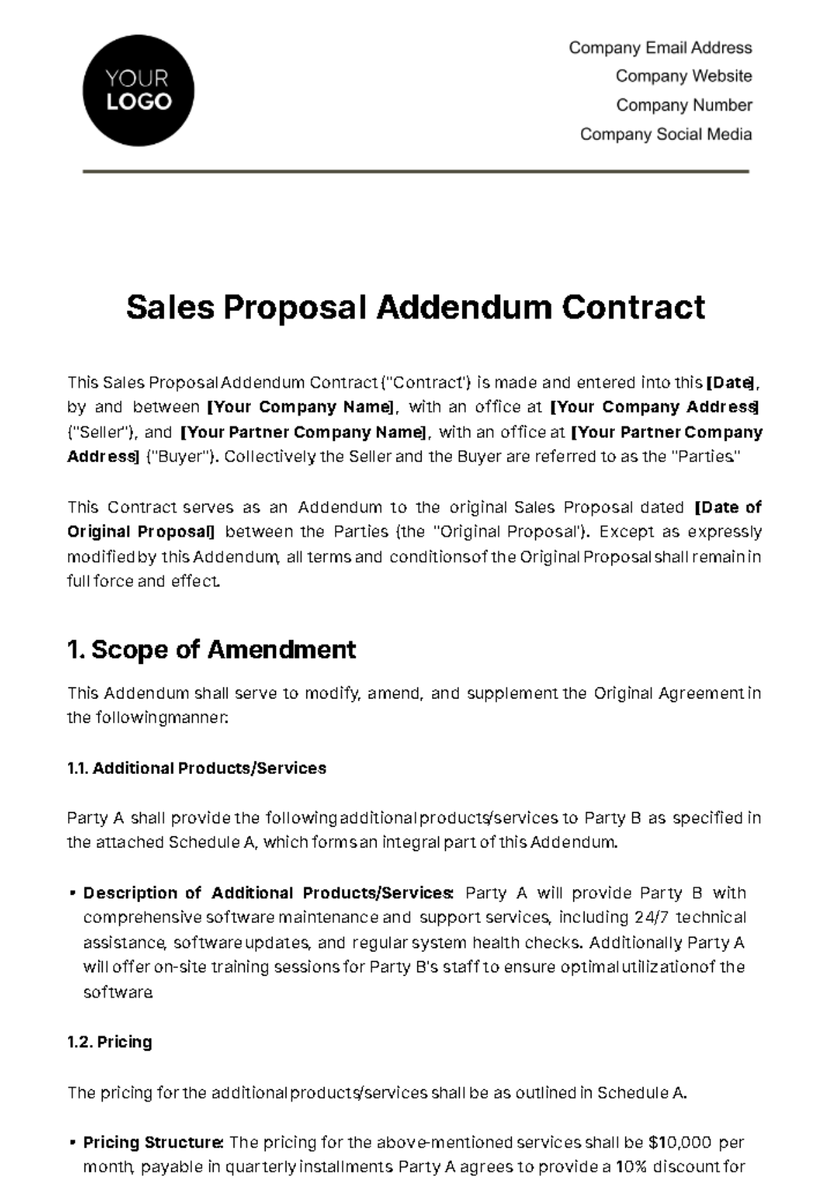 Sales Proposal Addendum Contract Template