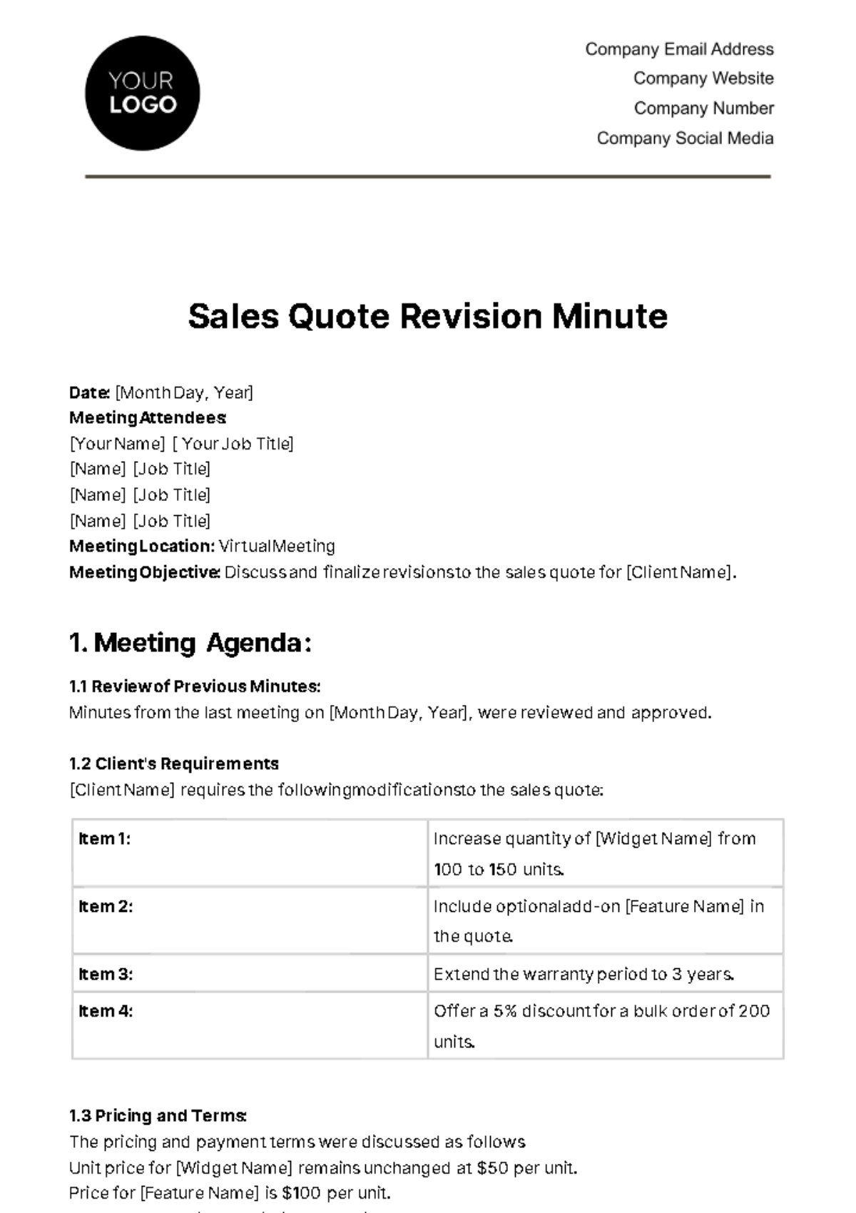 Free Sales Quote Revision Minute Template
