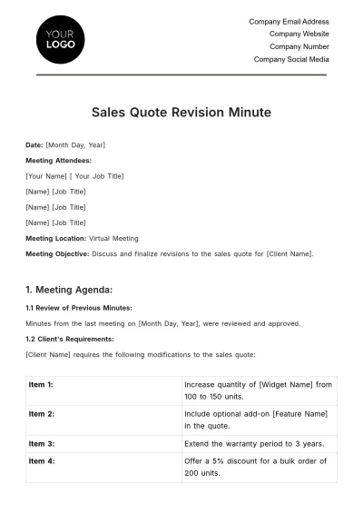 Free Sales Quote Revision Minute Template to Edit Online