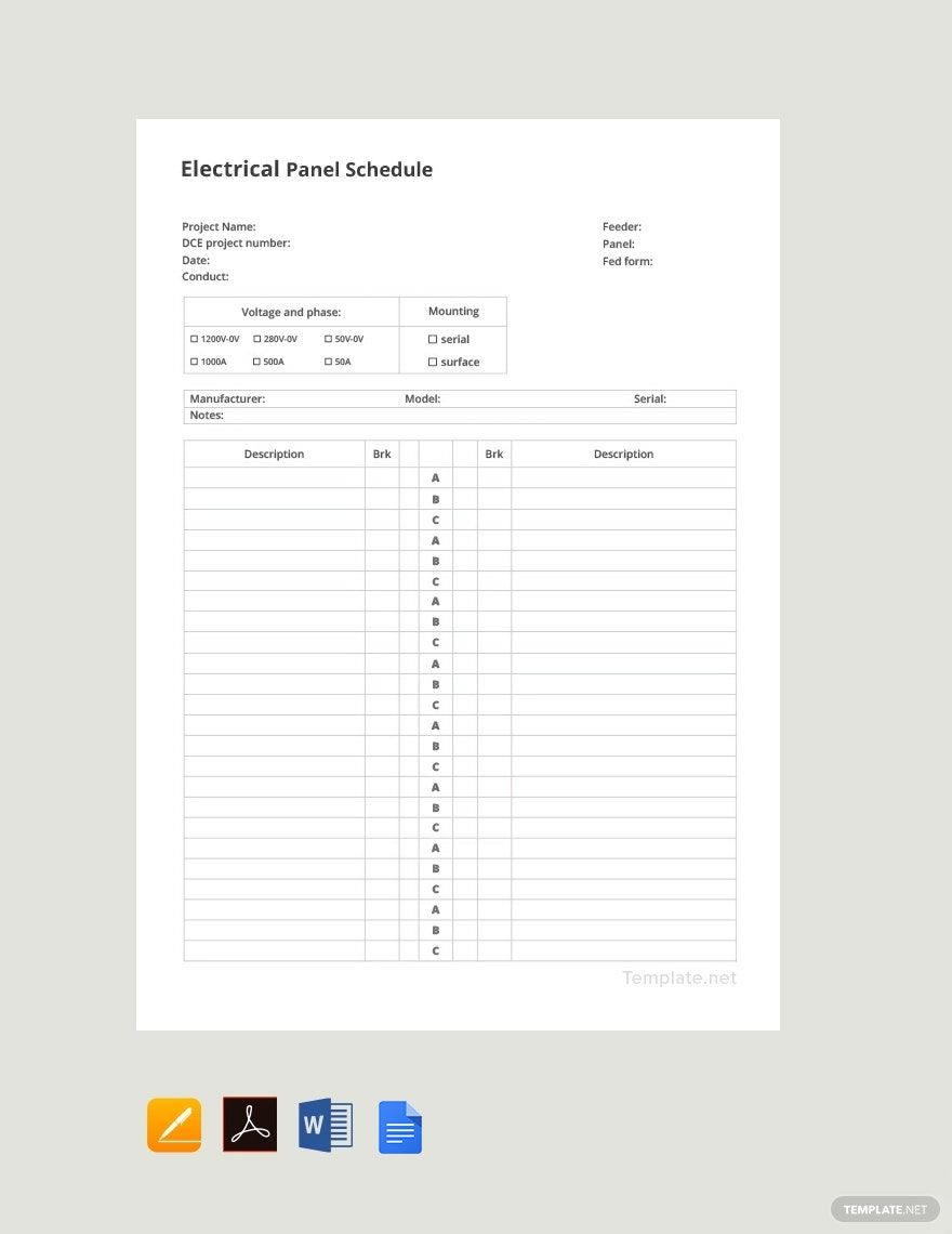 Free Electrical Panel Schedule Template Google Docs Word Apple 