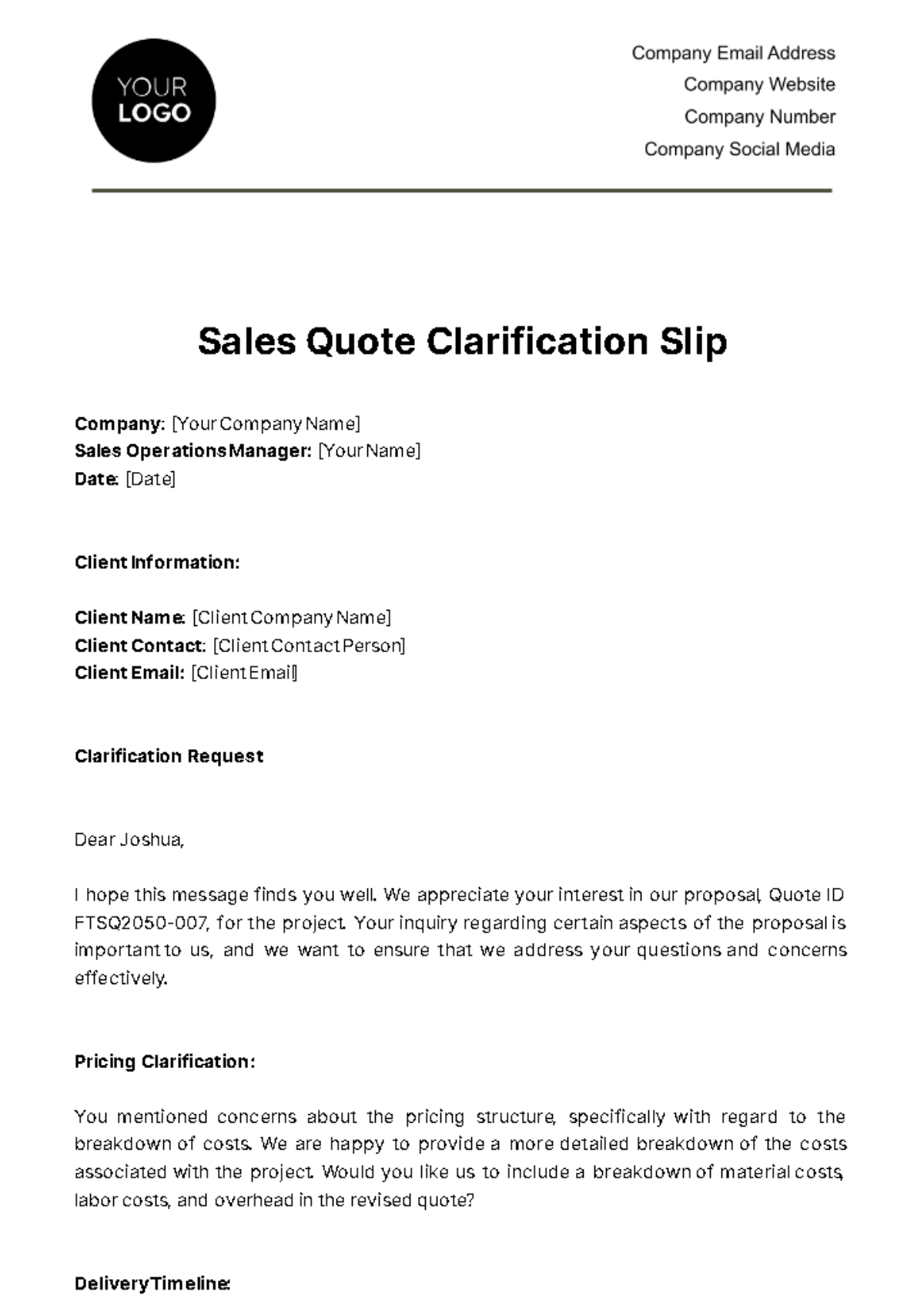 Free Sales Quote Clarification Slip Template