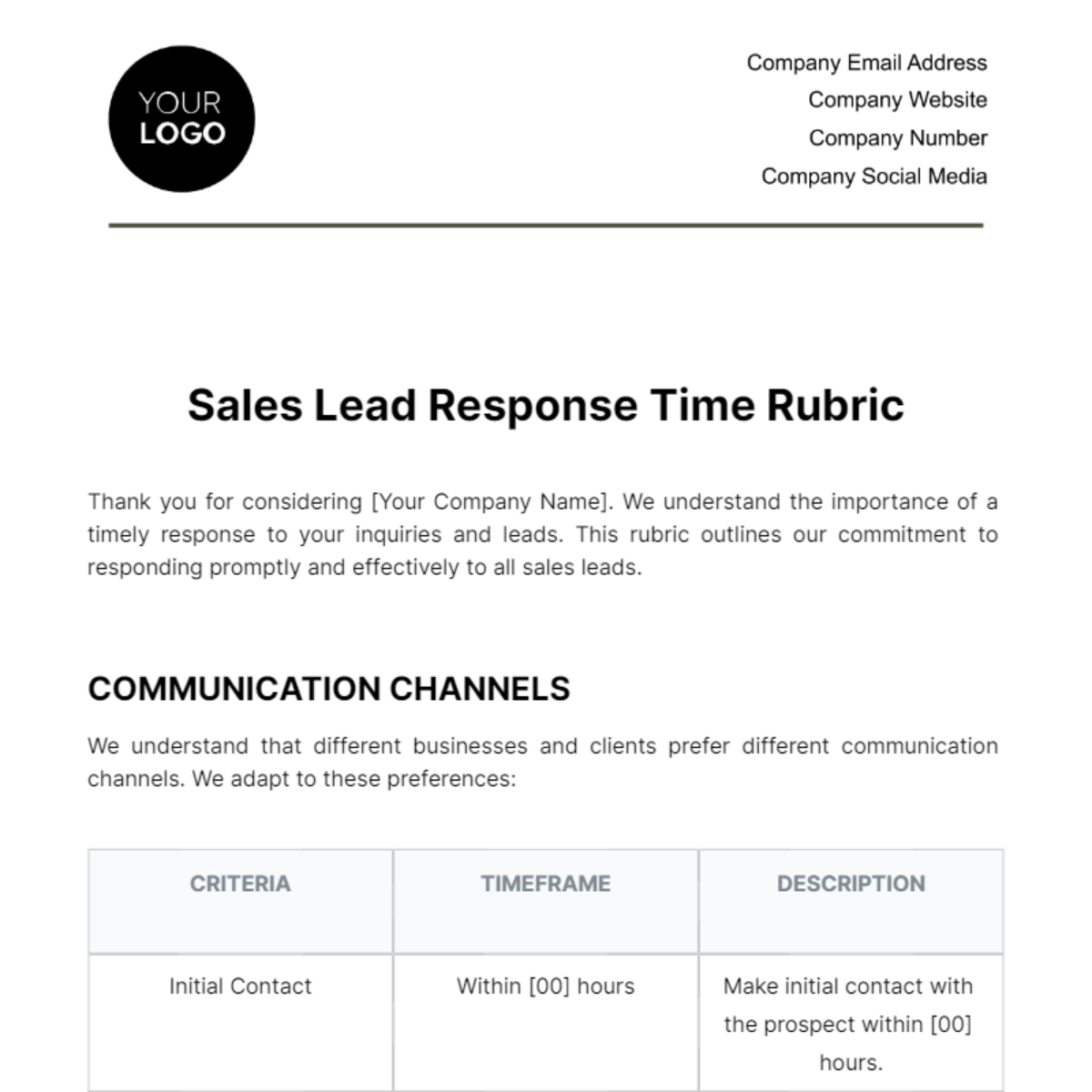Free Sales Lead Response Time Rubric Template