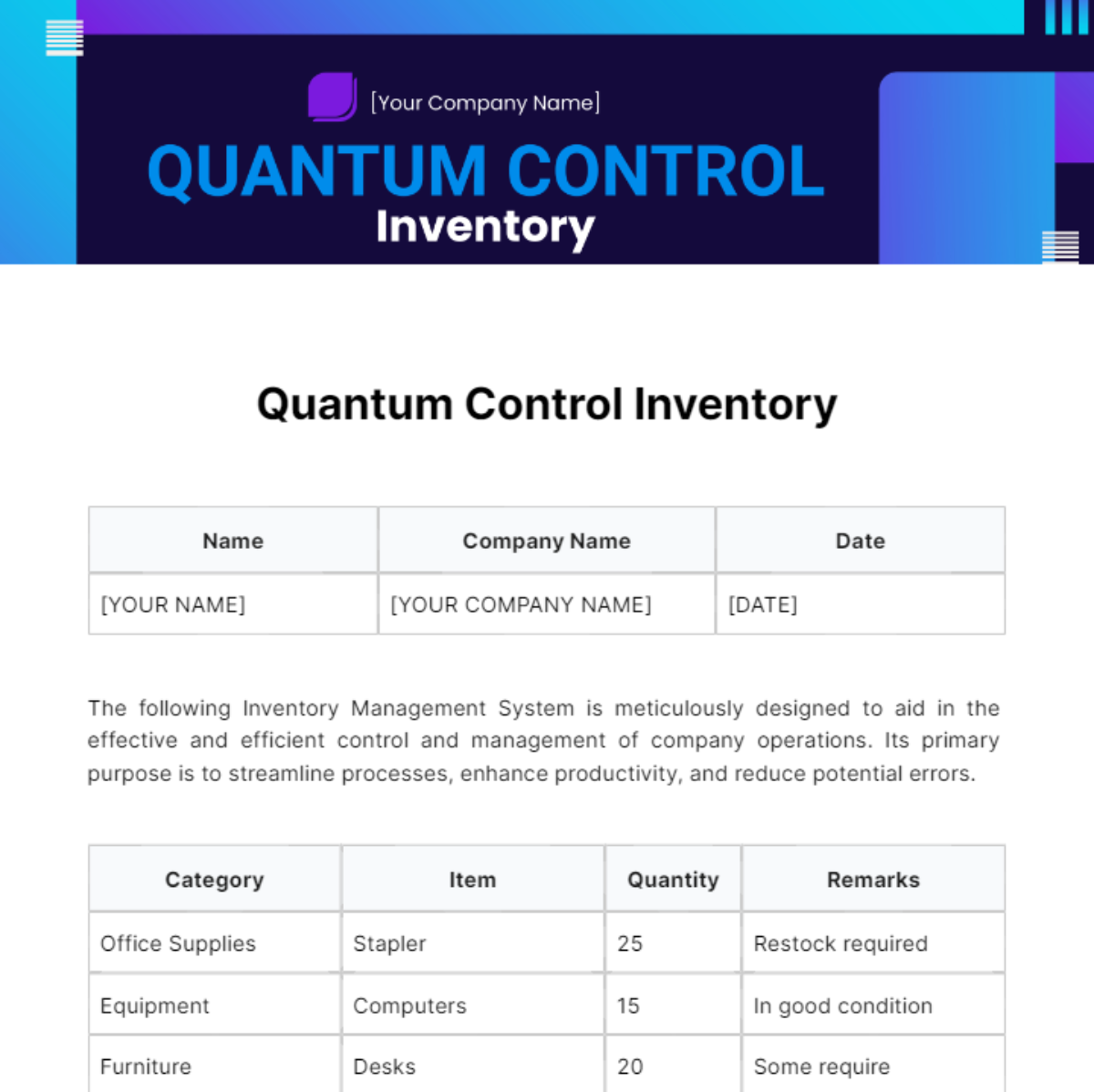 Free Quantum Control Inventory Template